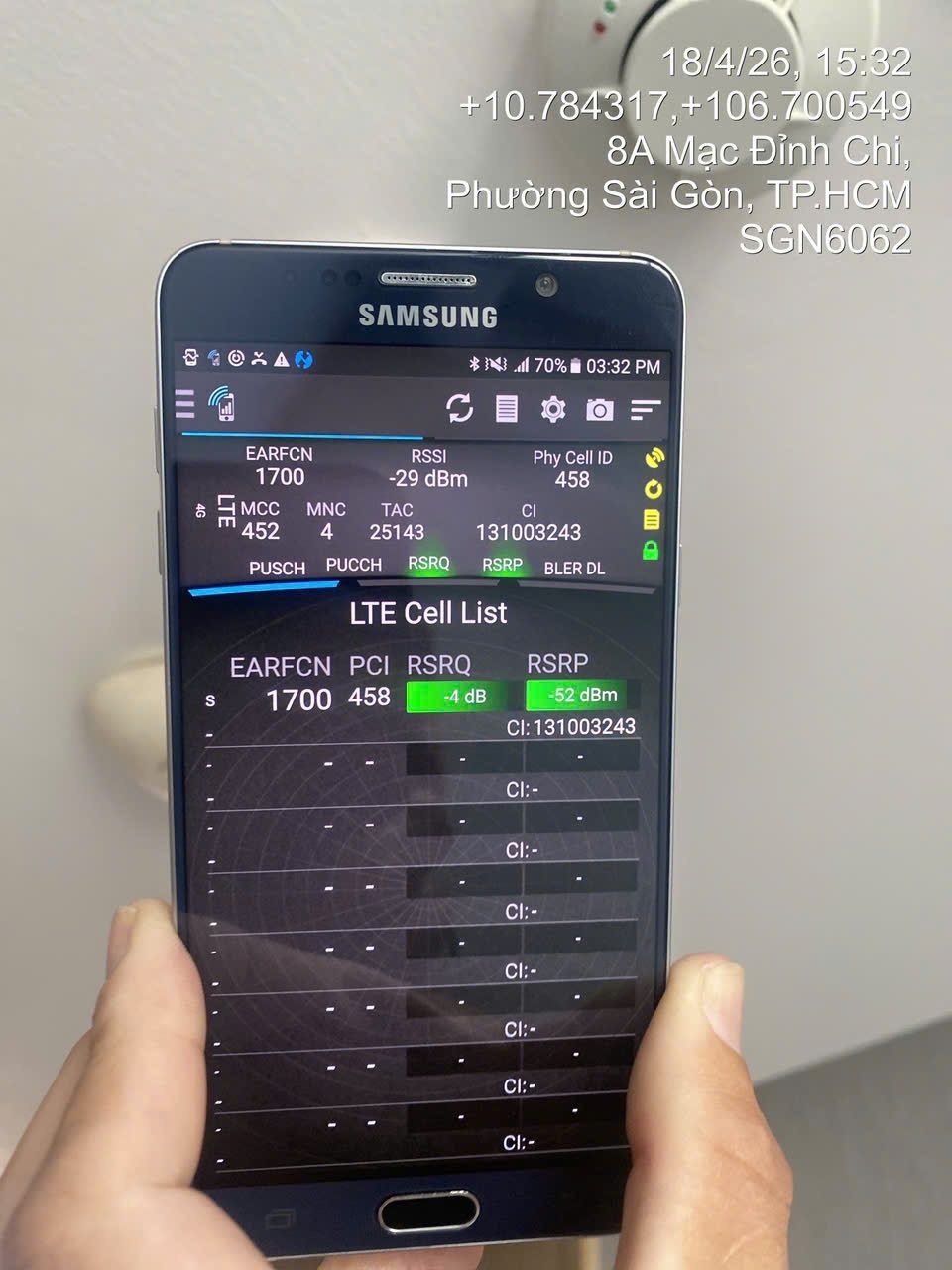 Đo sóng LTE thực tế: RSSI -29 dBm, RSRP -52 dBm (rất mạnh)